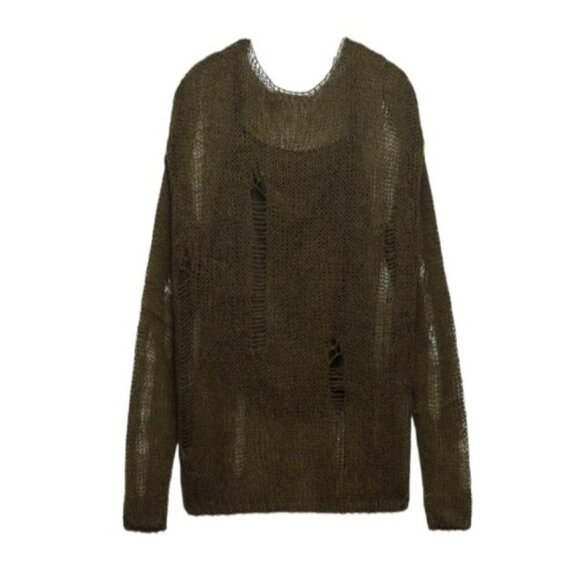 ZARA Distressed Knit Sweater Women’s Sze L Olive GreenLoose Open Weave Wool Boho - Picture 2 of 15